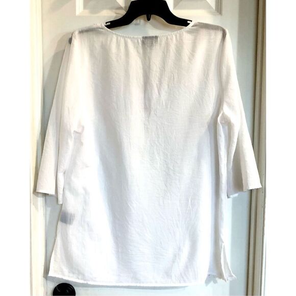 East 5Th - L Sz L Notched Neck 3/4 Sleeve White Embroidered Semi-Sheer Top. EUC - Picture 11 of 11